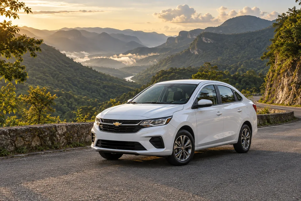 Ilustración de un Chevrolet Aveo blanco sobre una carretera entre montañas de Chiapas